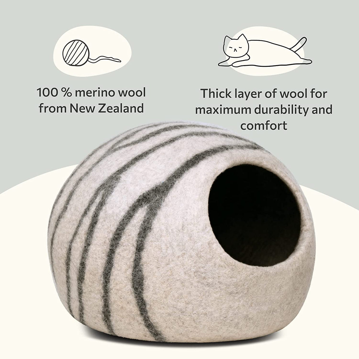 Cat Cave - New Zealand Wool Bed for Indoor Cats (Light Gray)