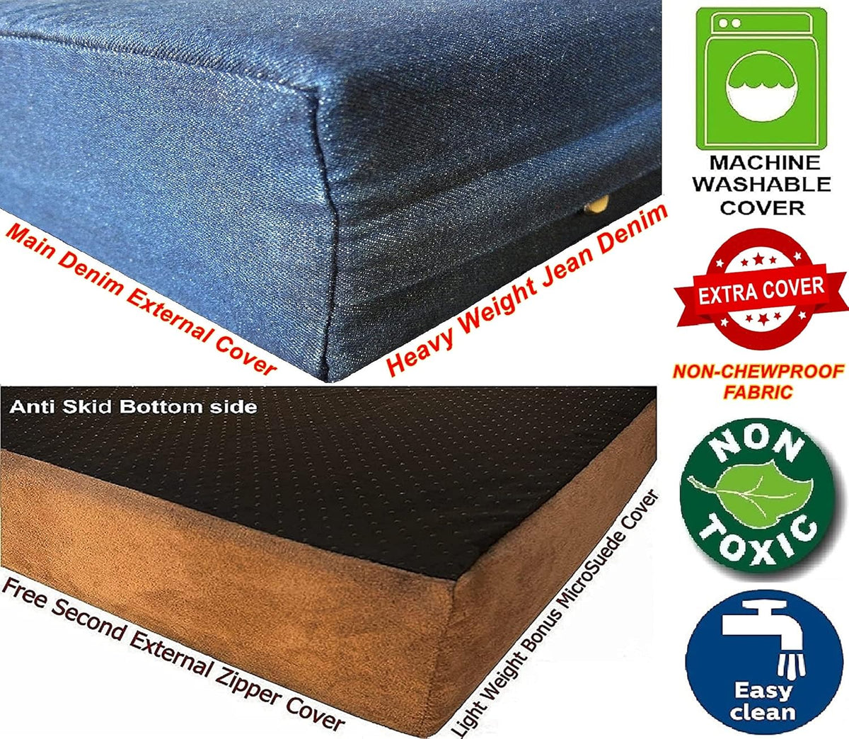 Luxury XXL Orthopedic Memory Foam Dog Bed for Extra Large Dogs with Durable Waterproof Internal Case, Removable Washable Denim Cover and Bonus Pet Bed Spare Cover, 55X37X4 Inches, Blue