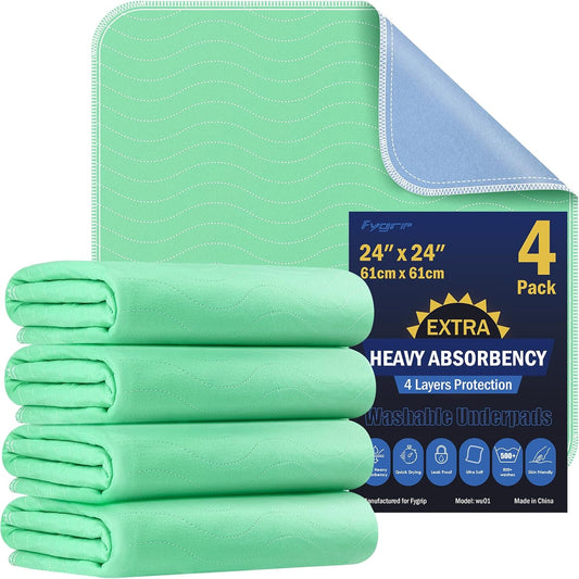 4 Pack 24” X 24” Extra Heavy Absorbency Washable Underpads Bed Pads