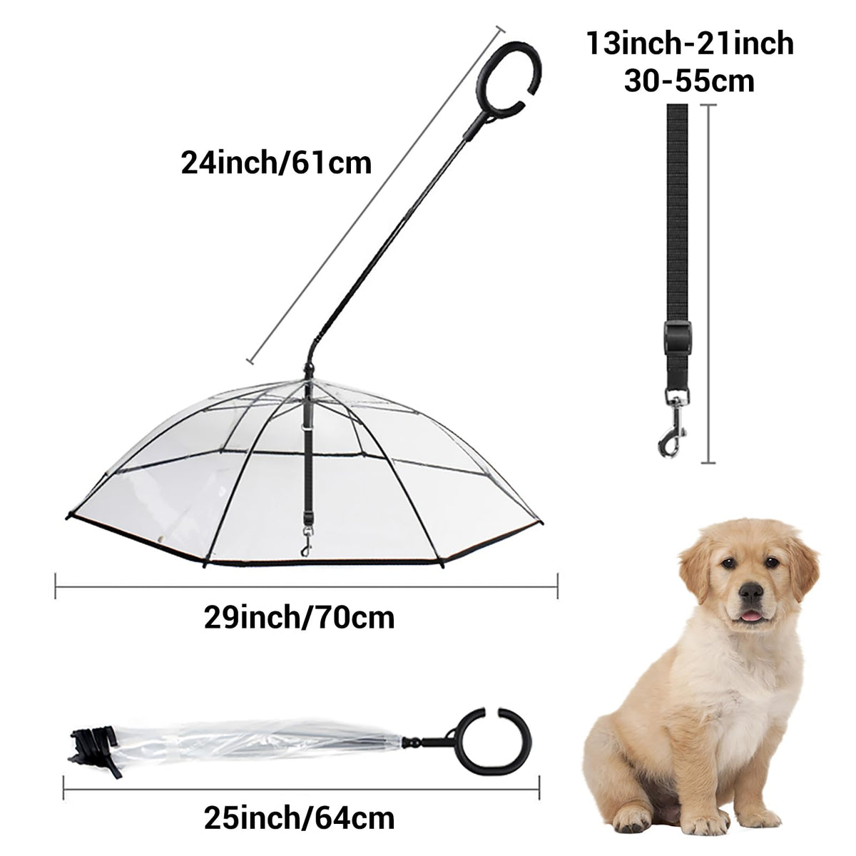 Dog Umbrella Small Breed, Clear Dog Umbrella Leash for Small Dogs, Keeps Dogs Dry Walking Rain, Doggie Rain Umbrella with Adjustable Leash, Self-Assembly