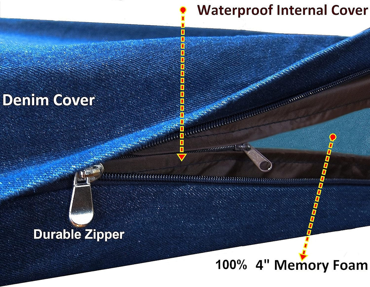 Luxury XXL Orthopedic Memory Foam Dog Bed for Extra Large Dogs with Durable Waterproof Internal Case, Removable Washable Denim Cover and Bonus Pet Bed Spare Cover, 55X37X4 Inches, Blue
