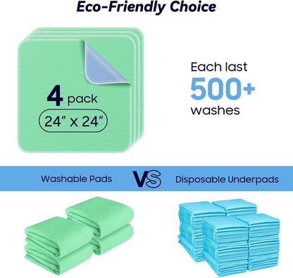 4 Pack 24” X 24” Extra Heavy Absorbency Washable Underpads Bed Pads