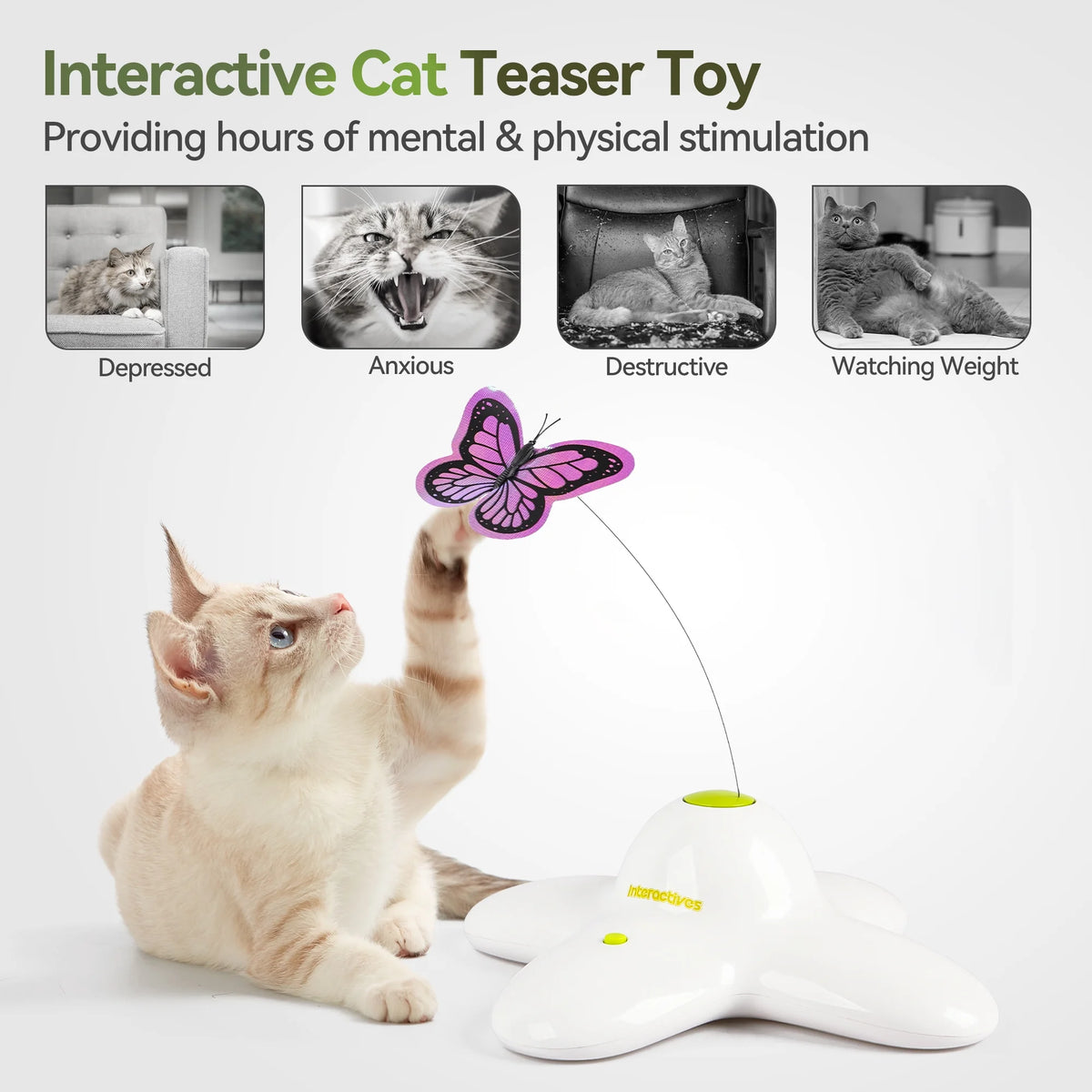 Interactive Cat Toys, Fluttering Butterfly Automatic Cat Teasing Toy with 2 Replacement Butterflies