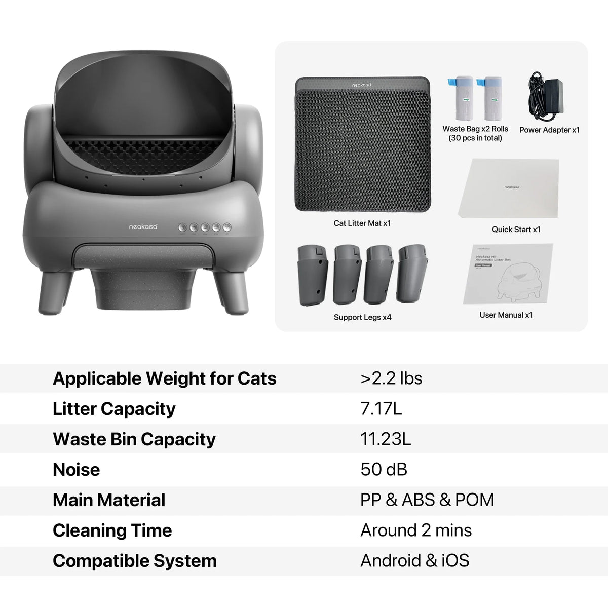 M1 plus Automatic Cat Litter Box, Self-Cleaning, Spacious Open-Top Design for Large Cats up to 33 Lbs, Odor-Free & Safe Access