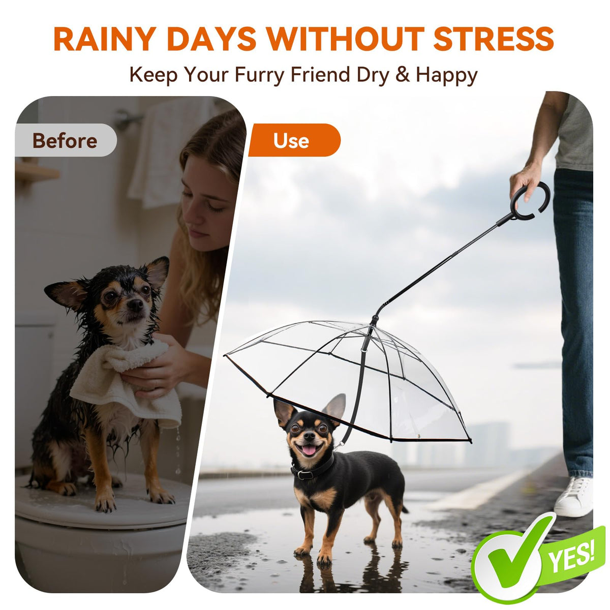 Dog Umbrella Small Breed, Clear Dog Umbrella Leash for Small Dogs, Keeps Dogs Dry Walking Rain, Doggie Rain Umbrella with Adjustable Leash, Self-Assembly